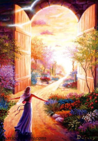 heaven gate, entrance, lady walking into heaven