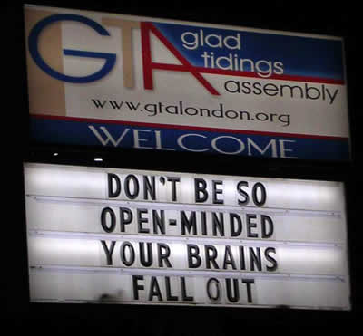 Funny Church sign, open minded