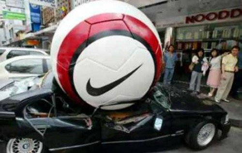 comfort & encouragement quote, crushed car, funny accident, nike football